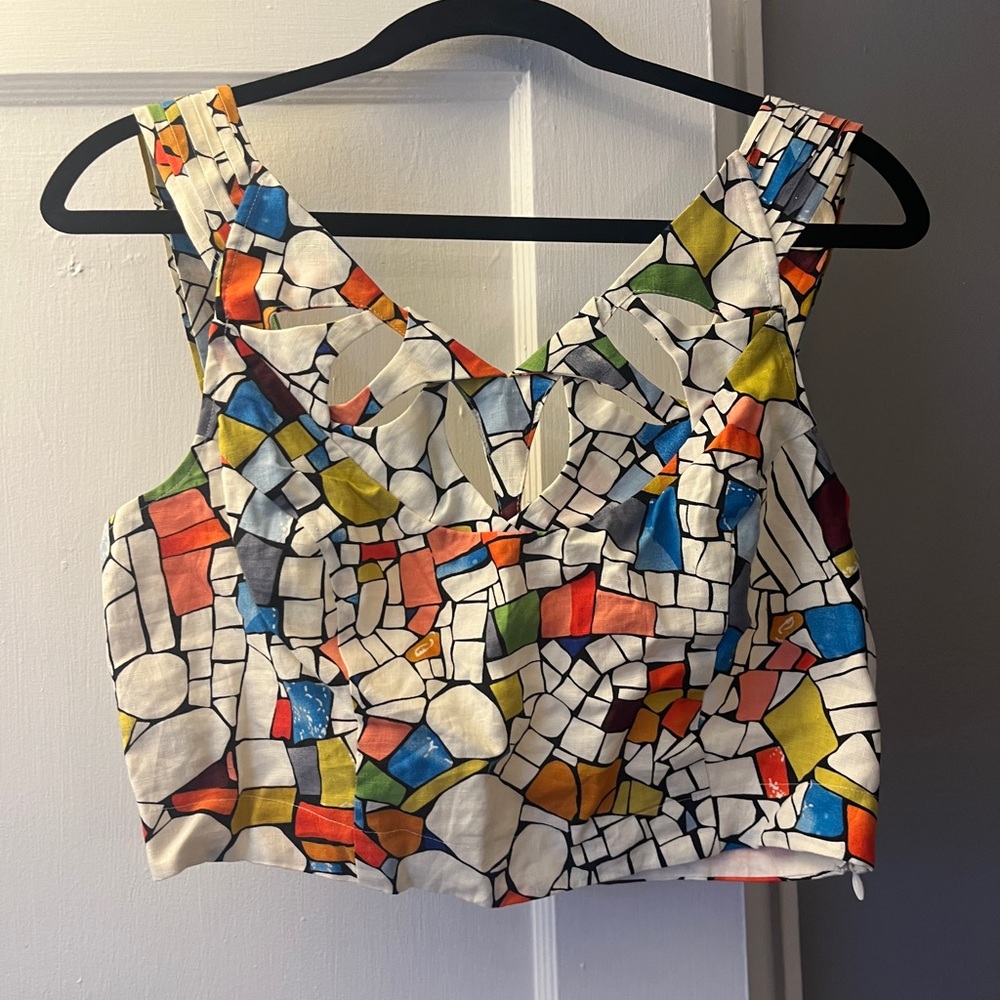Maeve Multicolor Mosaic Crop Top with Cut Outs